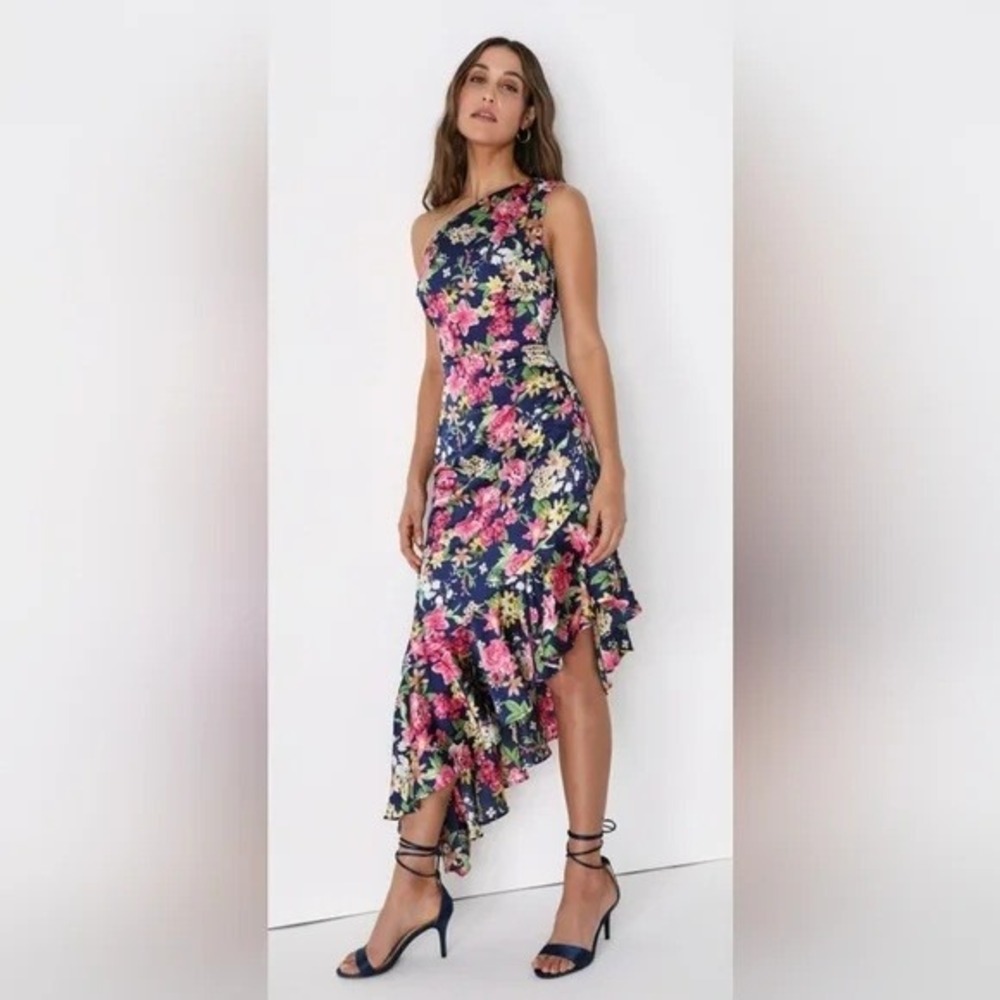 Lulus Divinely Blooming Blue Multi Floral One-Shoulder Midi Dress‎ XS NEW